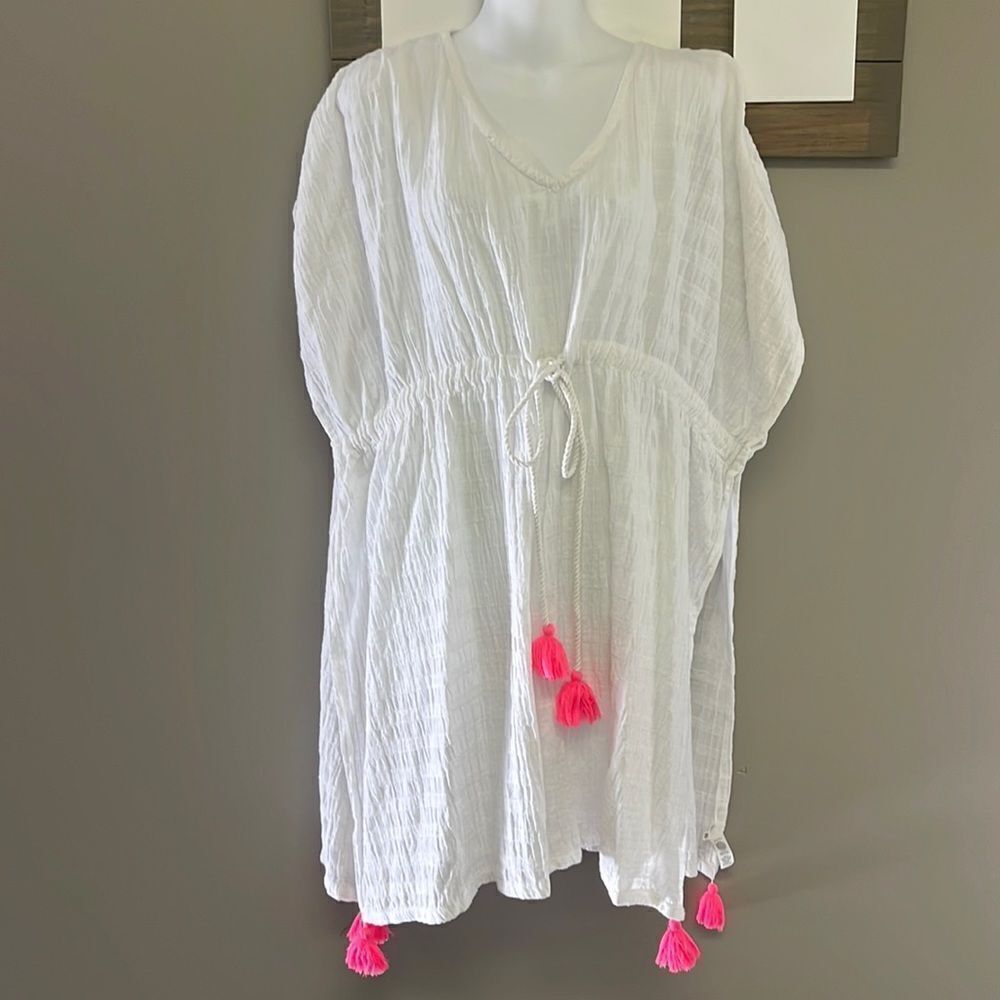 aerie White Striped Oversized Drawstring Beach/Pool V-Neck Coverup w/ Slits-XS-S